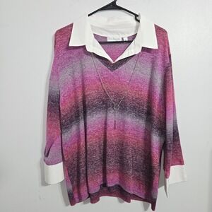 B#72 Kim Rogers Curvy 3X‎ Ombre Pink Gray V-Neck Collared Knit Sweater Necklace